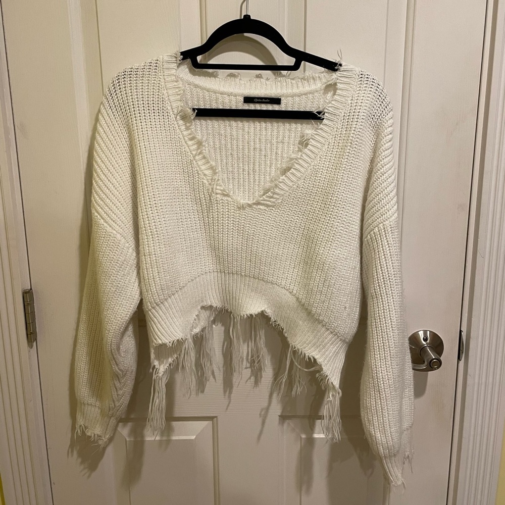 Distressed v neck white sweater